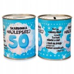 Skarbonka metalowa z napisem Skarbonka najlepszej 50 URODZINY PREZENT