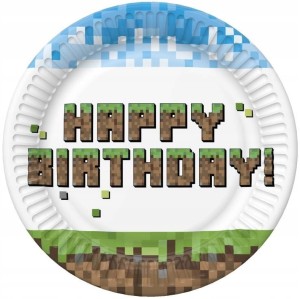 Talerzyki Papierowe PIXELE Gra Piksele Happy Birthday Urodziny 18cm 8szt.
