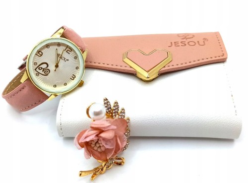 ZESTAW PREZENTOWY DLA KOBIET ELEGANCKI RÓŻOWY PORTFEL ZEGAREK BROSZKA