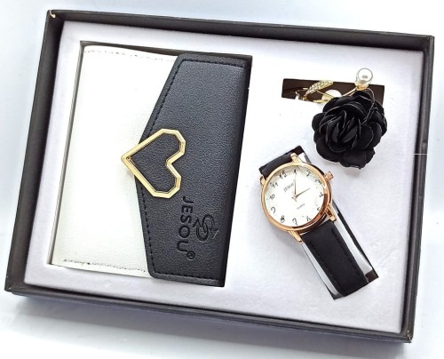 ZESTAW PREZENTOWY DLA KOBIET ELEGANCKI CZARNY PORTFEL ZEGAREK BROSZKA