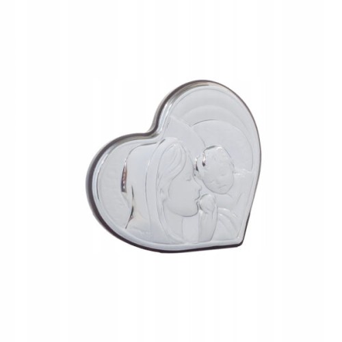 Srebrny obrazek serce Madonna z Dzieciątkiem Chrzest Komunia Ślub certyfika