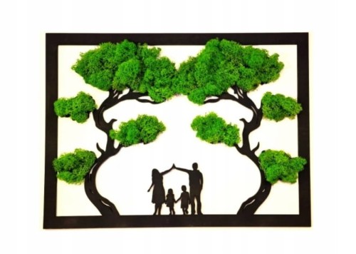 Dekoracja ścienna Drzewo bonsai z rodziną z mchem chrobotkiem 66x49cm
