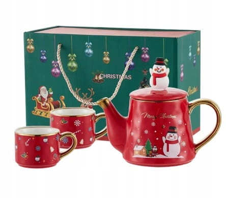 Zestaw prezentowy świąteczny dzbanek ceramiczny z 2 filiżankami Bałwanek