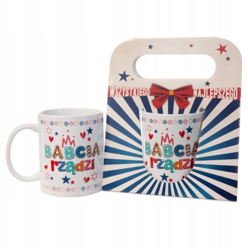 Kubek ceramiczny w ozdobnym opakowaniu z napisem "Babcia rządzi" prezent