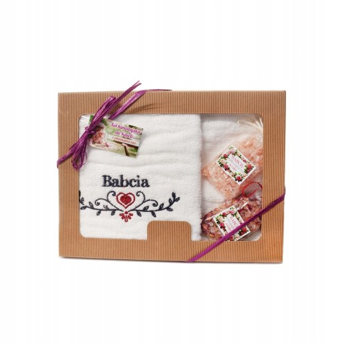 Zestaw prezentowy Dla Babci ręcznik+sól himalajska+płatki róż w opakowaniu