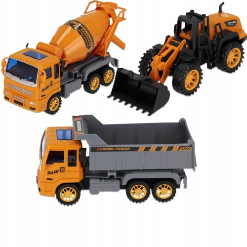 Zestaw 3 Samochodów Budowlanych Spychacz Wywrotka Betoniarka na Roczek