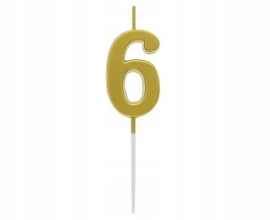 Świeczka piker cyferka 6 metaliczna złota 9.5x2.3