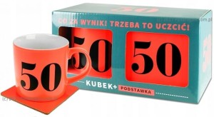 Kubek neonowy czerwony z podstawką 50 urodziny prezent