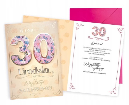 Karnet Kartka urodzinowa 30 urodziny dla kobiety z Życzeniami + koperta